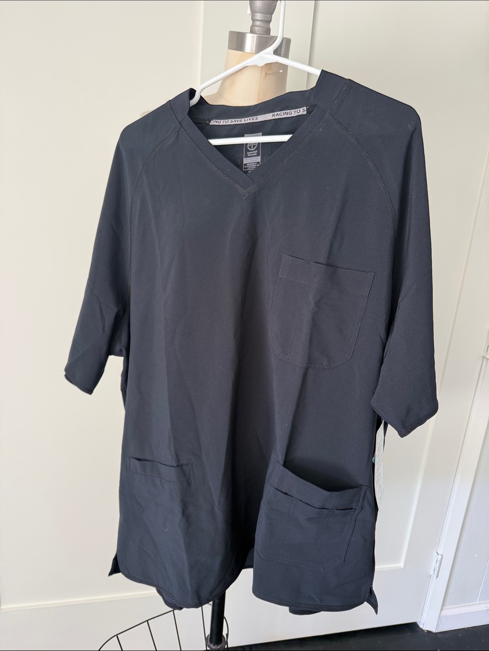 Men's Black V-Neck Medical Scrub Top with Patch Pockets